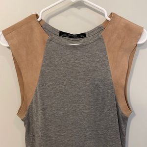 All Saints Gray & Tan Suede Leather Sleeve Top 2